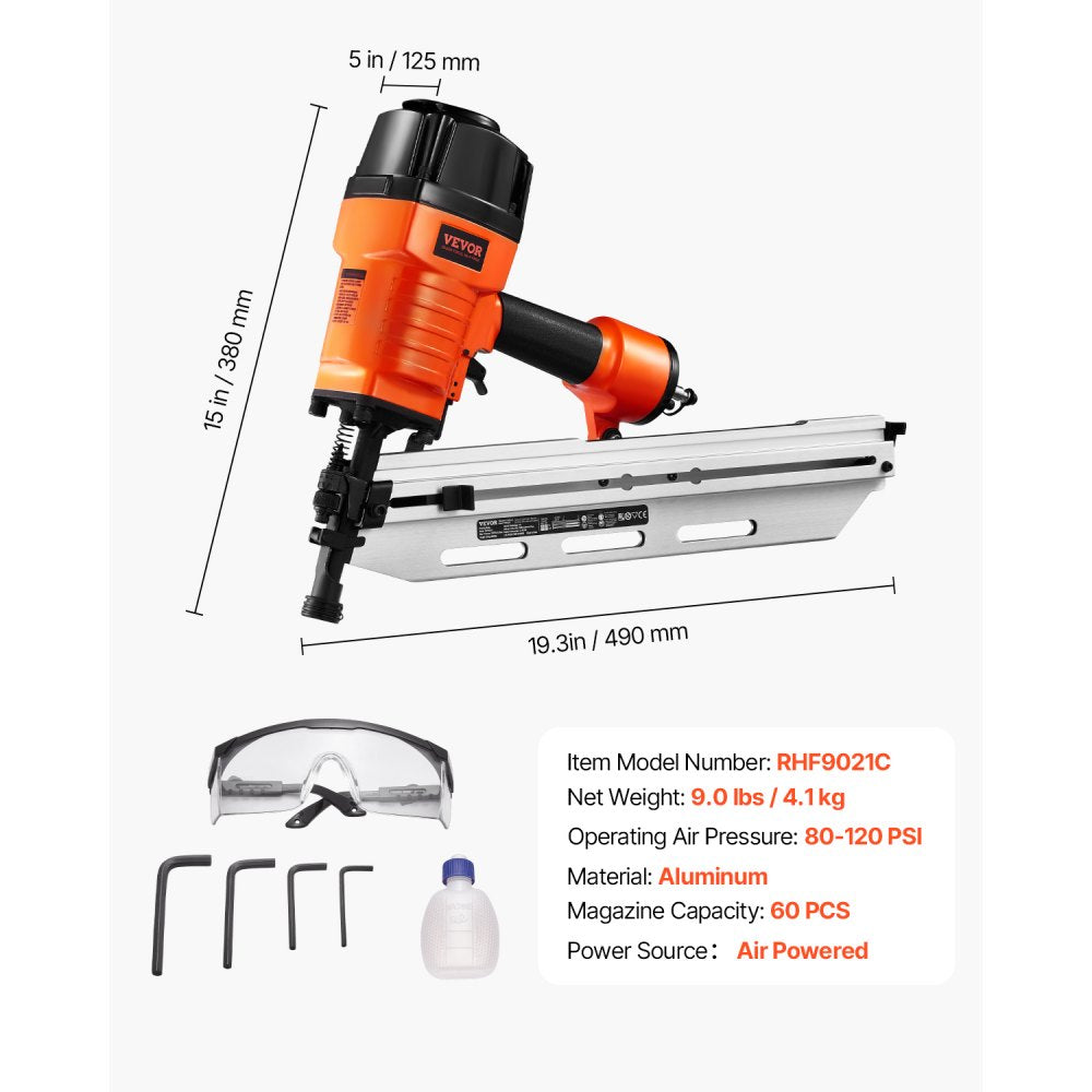 VEVOR Framing Nailer, 80-120PSI Air Nail Gun, 2" to 3-1/2" 21 Degree Full Round Head Pneumatic Framing Nailer with Tool-Less Depth Adjustment & Dual Trigger Modes, Ideal for Framing Decking Flooring