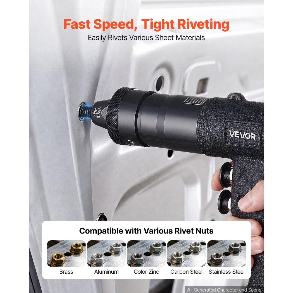 VEVOR Pneumatic Rivet Nut Gun Kit with 1/4" 5/16" 10/24" 3/8" Gun Heads, 20PCS Mandrels, 2500LBS Force, Forward & Reverse Switch, Air Rivet Nut Tool for Auto, Construction, Industrial Manufacturing