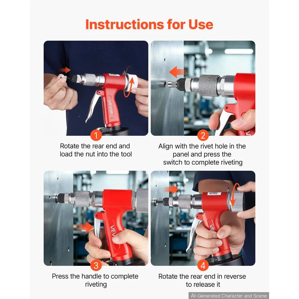 VEVOR Pneumatic Rivet Nut Gun Kit with 8PCS SAE & Metric Gun Heads, M4 M5 M6 M8 M10 1/4" 5/16" 3/8", 2680LBS Force, Air Rivet Nut Tool for Automotive, Construction, Industrial Manufacturing