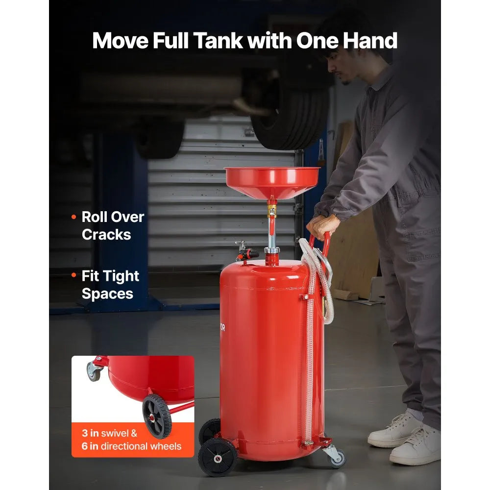VEVOR 25 Gallon Waste Oil Drain Tank, Air Operated Portable Oil Drainer with Adjustable Funnel Height, Industrial Fluid Drain Tank with Wheels, Fluid Fuel Transfer Drainage for Auto Repair Shops, Red