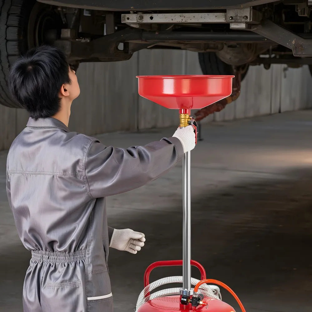 VEVOR 25 Gallon Waste Oil Drain Tank, Air Operated Portable Oil Drainer with Adjustable Funnel Height, Industrial Fluid Drain Tank with Wheels, Fluid Fuel Transfer Drainage for Auto Repair Shops, Red