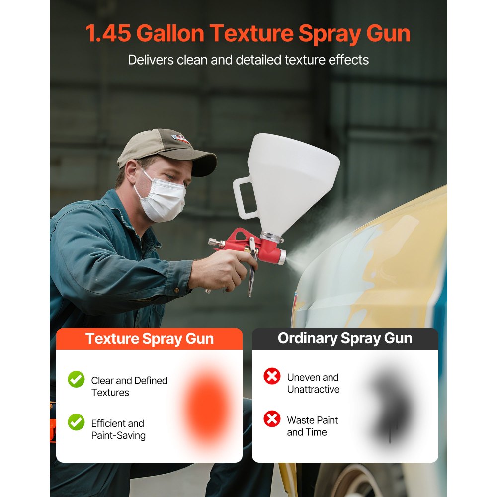 VEVOR Air Texture Spray Gun, 1.45 Gallon Air Hopper Spray Gun, Professional Drywall Texture Painting Sprayer with 3 Nozzles (3.5mm, 6mm, 8mm) for Popcorn, Knockdown, Orange Peel Textures