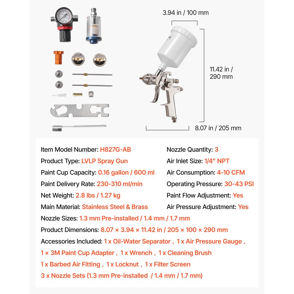 VEVOR LVLP Air Spray Gun, Gravity Feed Paint Sprayer Gun with 3 Nozzles (1.3/1.4/1.7mm), 600ml Capacity Automotive Paint Sprayer with Air Regulator for Furniture, Car Painting, Home Improvement