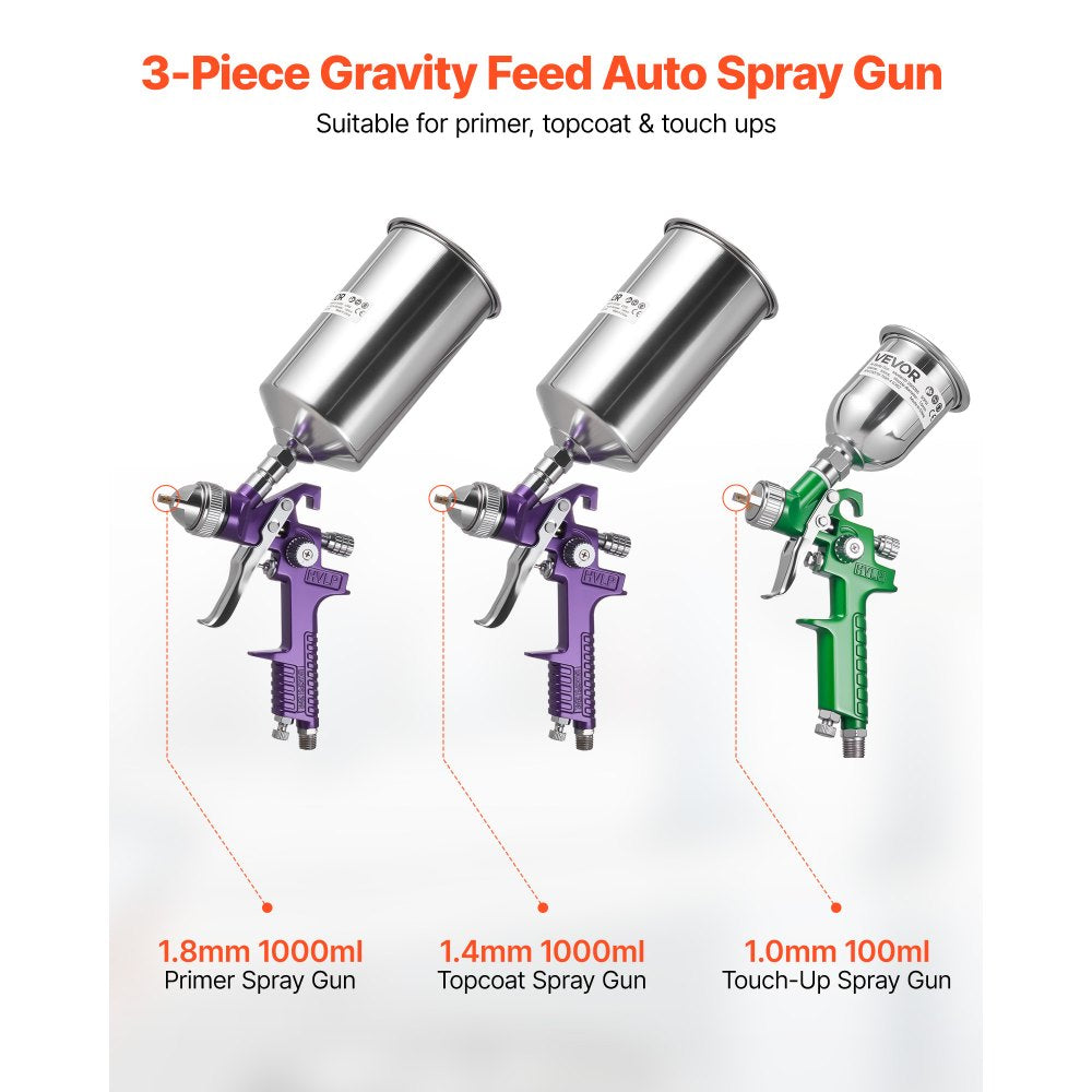 VEVOR 3-Piece Air Spray Gun Kit, Professional Auto Paint Spray Gun Set with 3 Nozzles (1/1.4/1.8mm), 3 Cups & Air Regulator, Gravity Feed Automotive Paint Sprayer for Primer, Topcoat & Touch-Up
