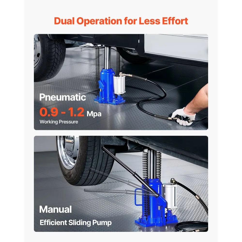 VEVOR Air Hydraulic Bottle Jack, 20 Ton (44092 lbs) Capacity, 10.2-19.5 Inch Lifting Range, Pneumatic/Manual Heavy Duty Welded Bottle Jack with Pump for Car, SUV, Pickup, Truck, RV, Auto Repair, Blue