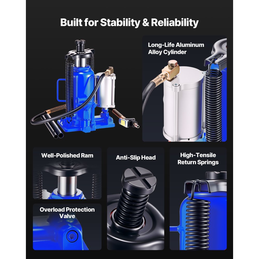 VEVOR Air Hydraulic Bottle Jack, 20 Ton (44092 lbs) Capacity, 10.2-19.5 Inch Lifting Range, Pneumatic/Manual Heavy Duty Welded Bottle Jack with Pump for Car, SUV, Pickup, Truck, RV, Auto Repair, Blue
