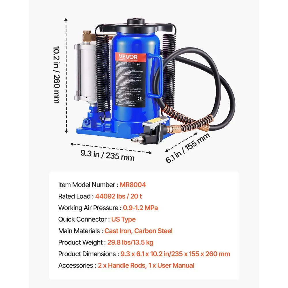 VEVOR Air Hydraulic Bottle Jack, 20 Ton (44092 lbs) Capacity, 10.2-19.5 Inch Lifting Range, Pneumatic/Manual Heavy Duty Welded Bottle Jack with Pump for Car, SUV, Pickup, Truck, RV, Auto Repair, Blue