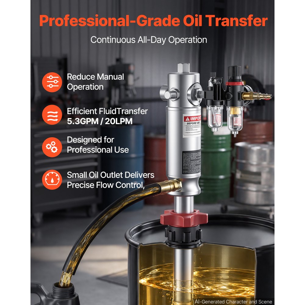 VEVOR Air-Operated Oil Transfer Pump 5:1 3.7 GPM / 14 LPM Flow Drum Pump, Fits 55 Gallon Barrels & Open Containers, Heavy Duty Aluminum Pump, Pneumatic for SAE 240 Oils / Fluids (NOT for Gasoline)