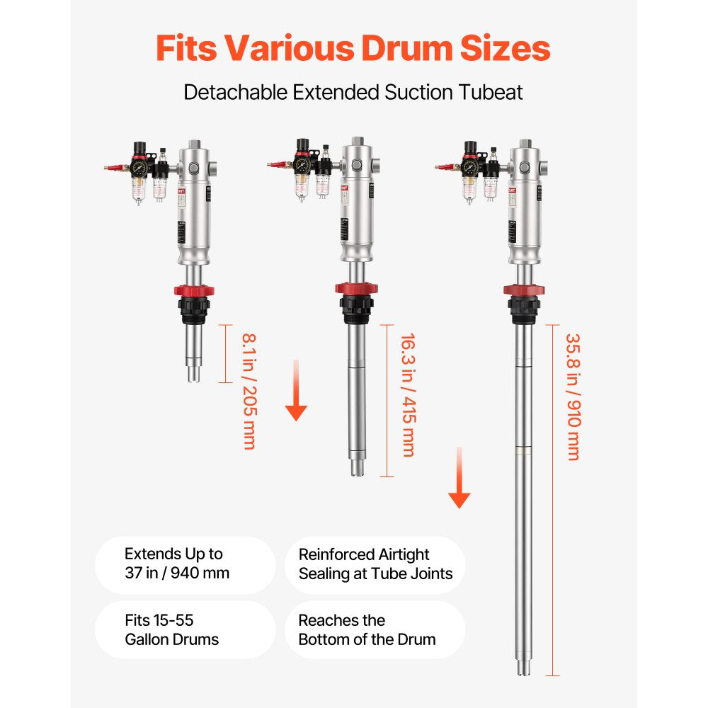 VEVOR Air-Operated Oil Transfer Pump 5:1 3.7 GPM / 14 LPM Flow Drum Pump, Fits 55 Gallon Barrels & Open Containers, Heavy Duty Aluminum Pump, Pneumatic for SAE 240 Oils / Fluids (NOT for Gasoline)