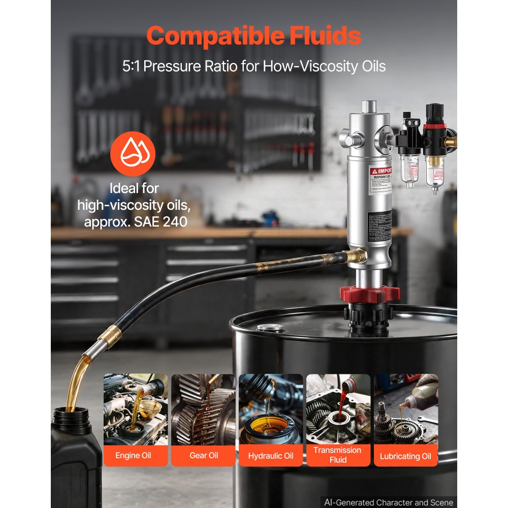 VEVOR Air-Operated Oil Transfer Pump 5:1 3.7 GPM / 14 LPM Flow Drum Pump, Fits 55 Gallon Barrels & Open Containers, Heavy Duty Aluminum Pump, Pneumatic for SAE 240 Oils / Fluids (NOT for Gasoline)