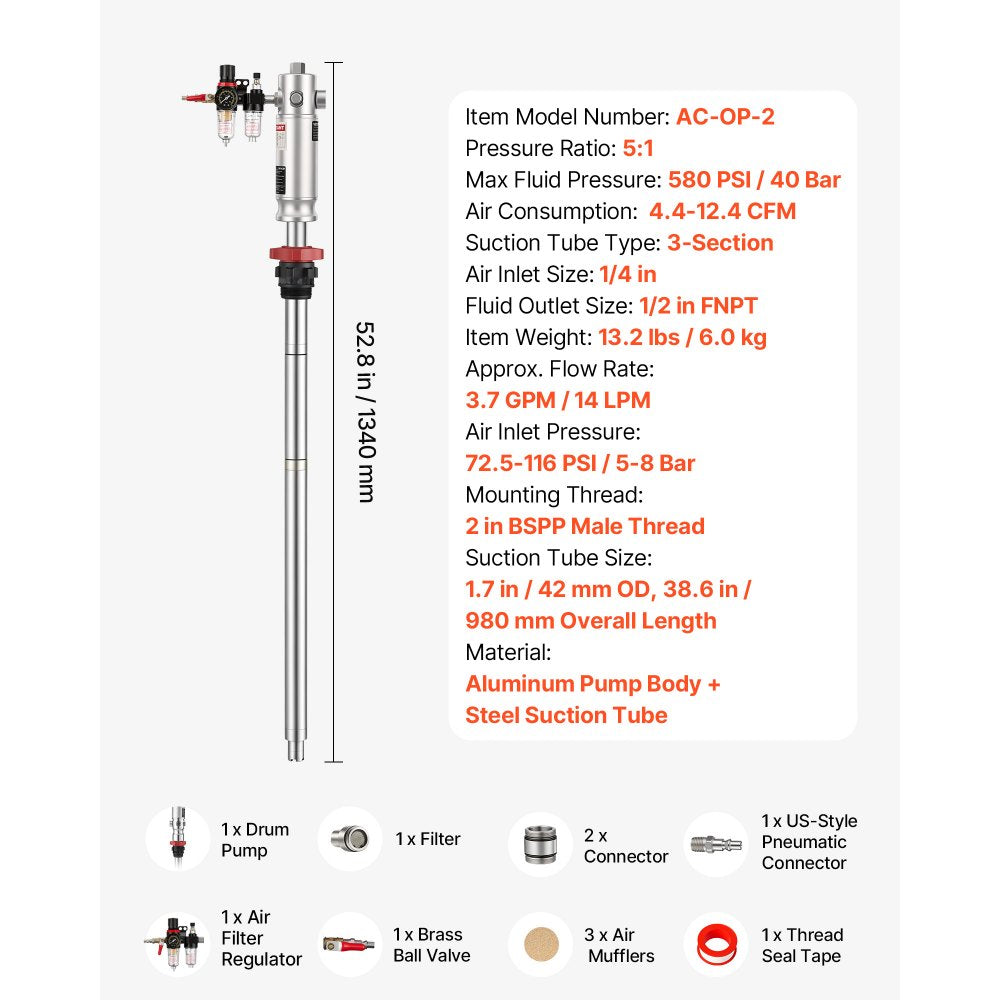 VEVOR Air-Operated Oil Transfer Pump 5:1 3.7 GPM / 14 LPM Flow Drum Pump, Fits 55 Gallon Barrels & Open Containers, Heavy Duty Aluminum Pump, Pneumatic for SAE 240 Oils / Fluids (NOT for Gasoline)