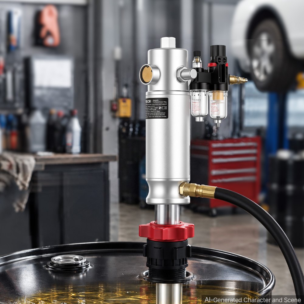 VEVOR Air-Operated Oil Transfer Pump 5:1 3.7 GPM / 14 LPM Flow Drum Pump, Fits 55 Gallon Barrels & Open Containers, Heavy Duty Aluminum Pump, Pneumatic for SAE 240 Oils / Fluids (NOT for Gasoline)