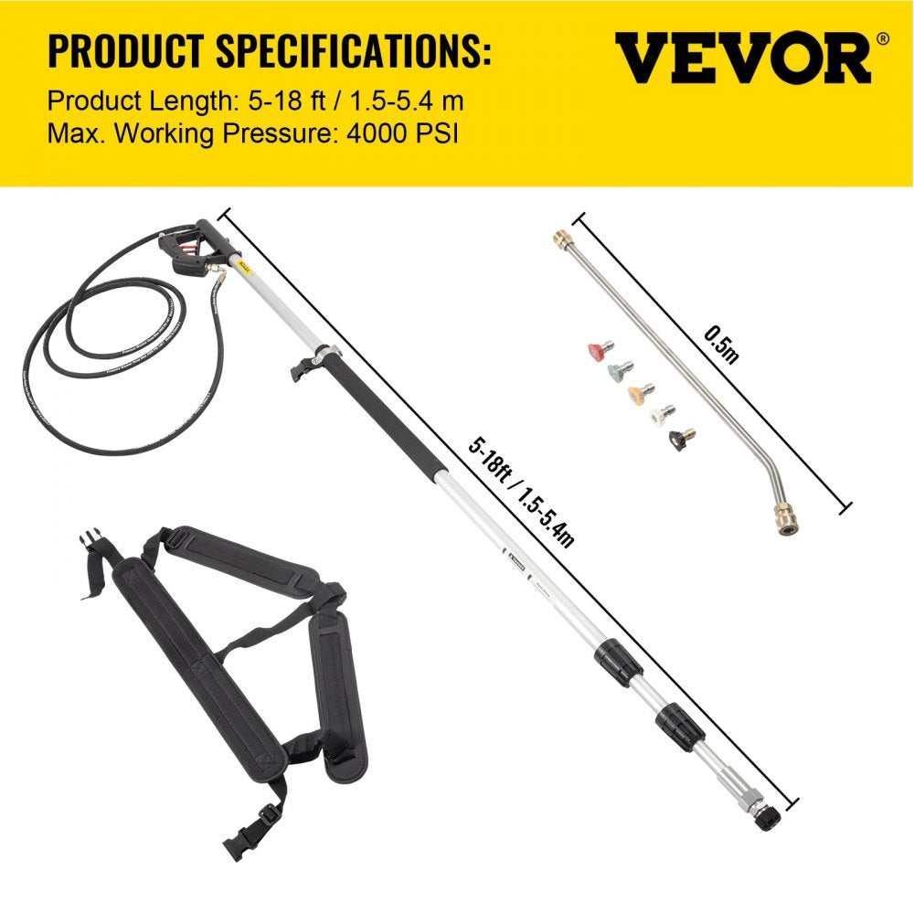 VEVOR Telescoping Pressure Washer Wand, Max. 18 ft Adjustable Power Washer Extension Wand, 4000PSI 9GPM Power Cleaning Tools with 5 Nozzle Tips, Strap Belt, 3/8\'\' & 1/4\'\' Quick Connectors, Silver/