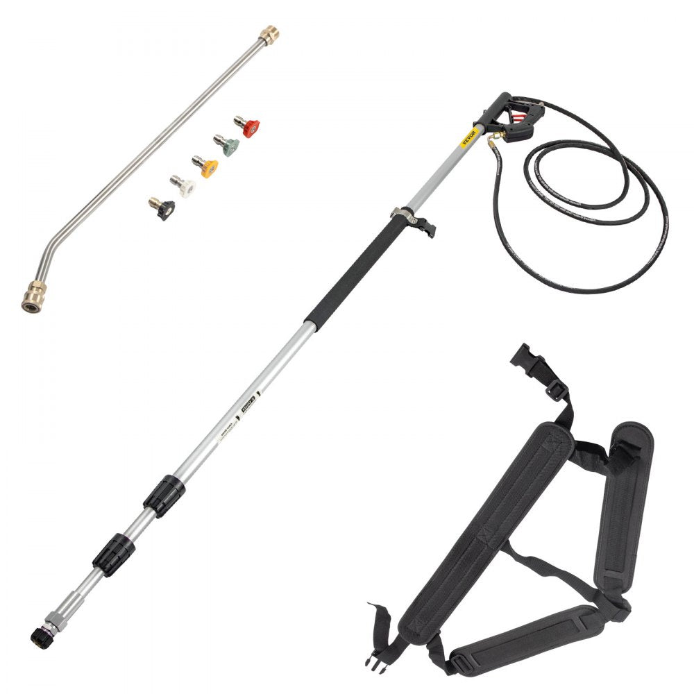 VEVOR Telescoping Pressure Washer Wand, Max. 18 ft Adjustable Power Washer Extension Wand, 4000PSI 9GPM Power Cleaning Tools with 5 Nozzle Tips, Strap Belt, 3/8\'\' & 1/4\'\' Quick Connectors, Silver/