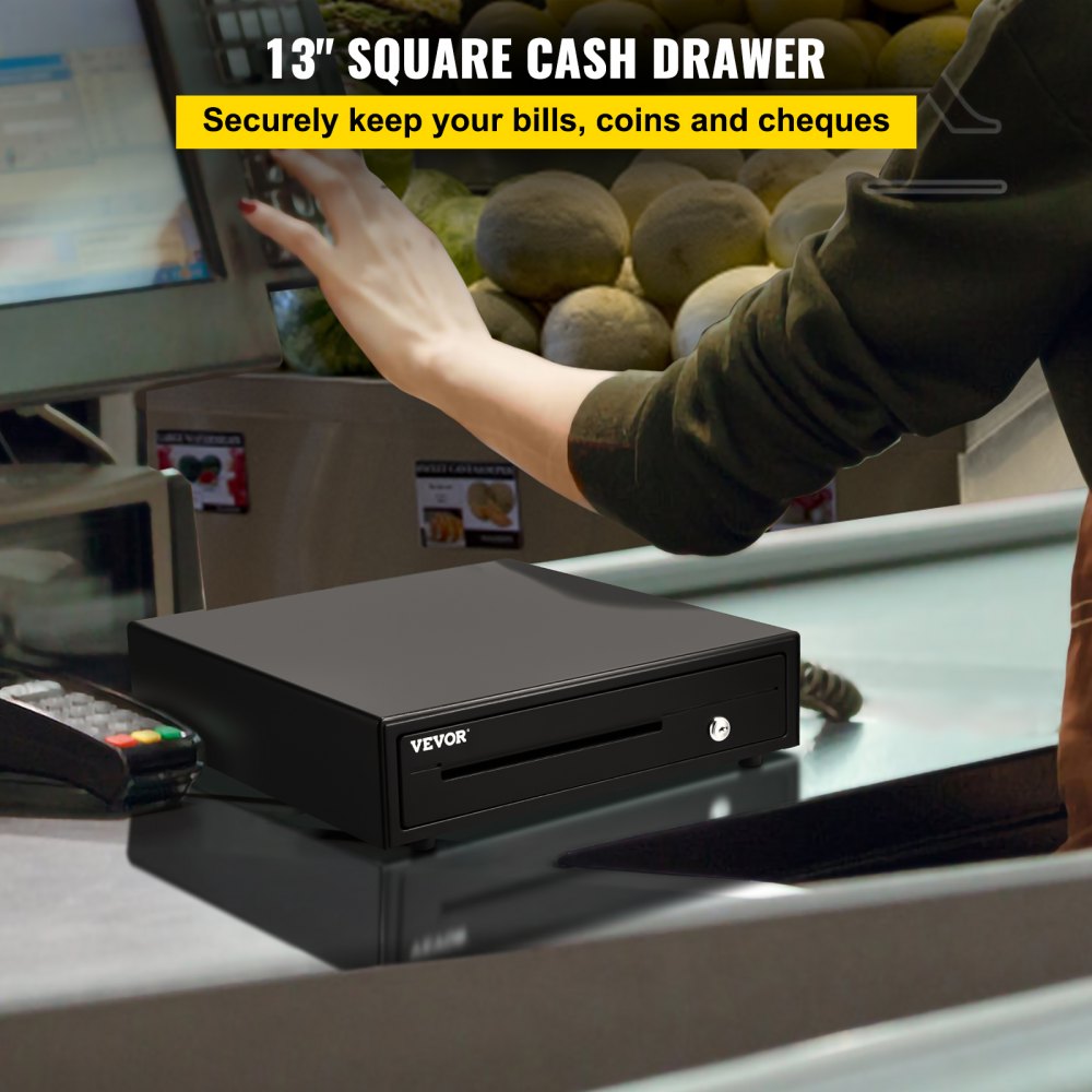 Cash Register Drawer, 13\" 12 V, for POS System with 4 Bill 5 Coin Cash Tray, Removable Coin Compartment & 2 Keys Included, RJ11/RJ12 Cable for Supermarket, Bar, Coffee Shop, Restaurant