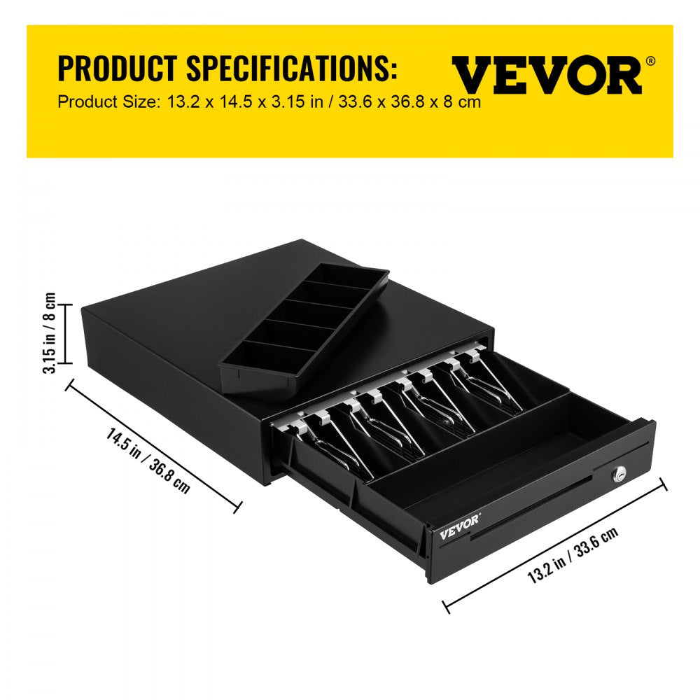 Cash Register Drawer, 13\" 12 V, for POS System with 4 Bill 5 Coin Cash Tray, Removable Coin Compartment & 2 Keys Included, RJ11/RJ12 Cable for Supermarket, Bar, Coffee Shop, Restaurant
