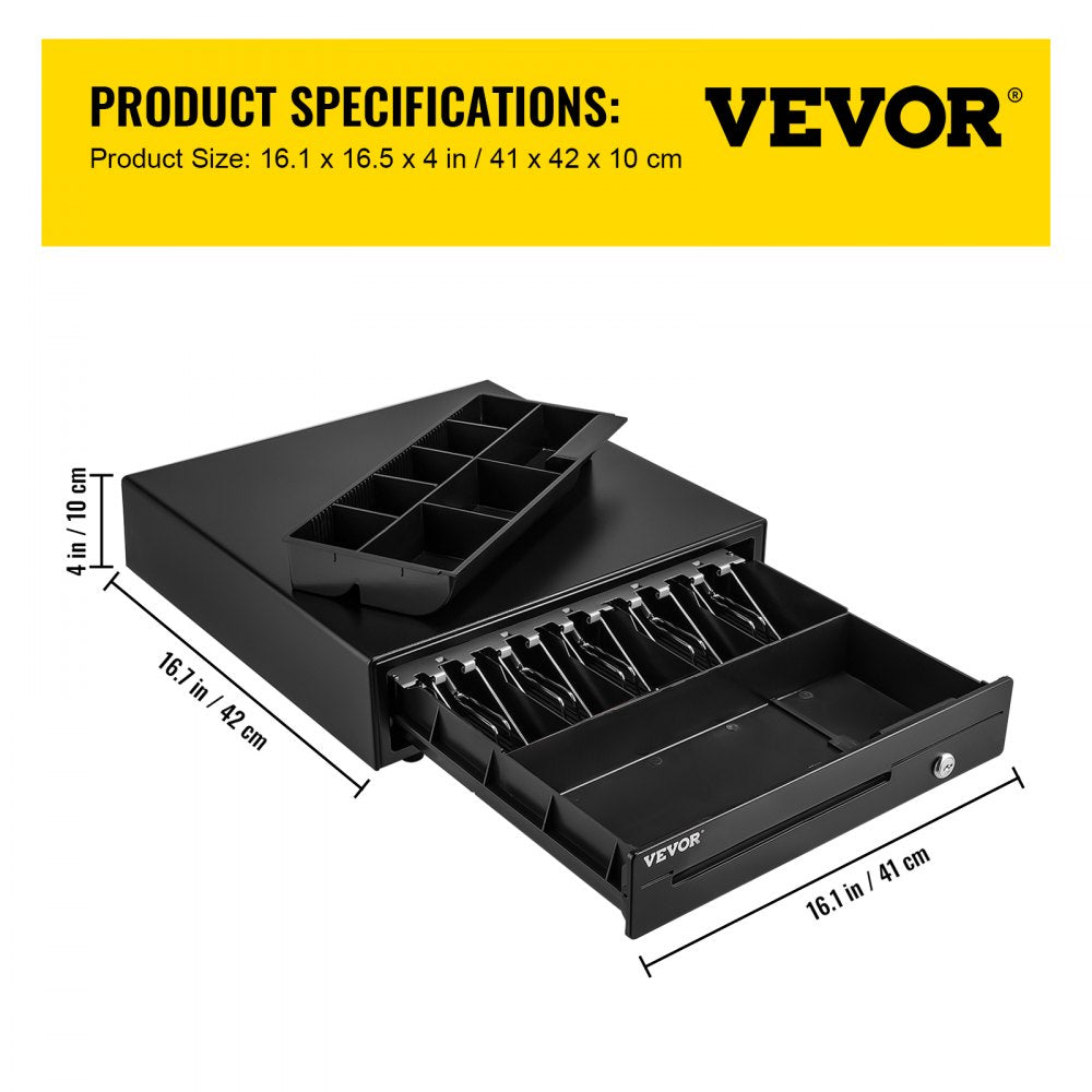 VEVOR Cash Register Drawer, 16\" 12 V, for POS System with 5 Bill 8 Coin Cash Tray, Movable Coin Compartment & 2 Keys Included, RJ11/RJ12 Cable for Supermarket, Bar, Coffee Shop, Restaurant (USD Only)
