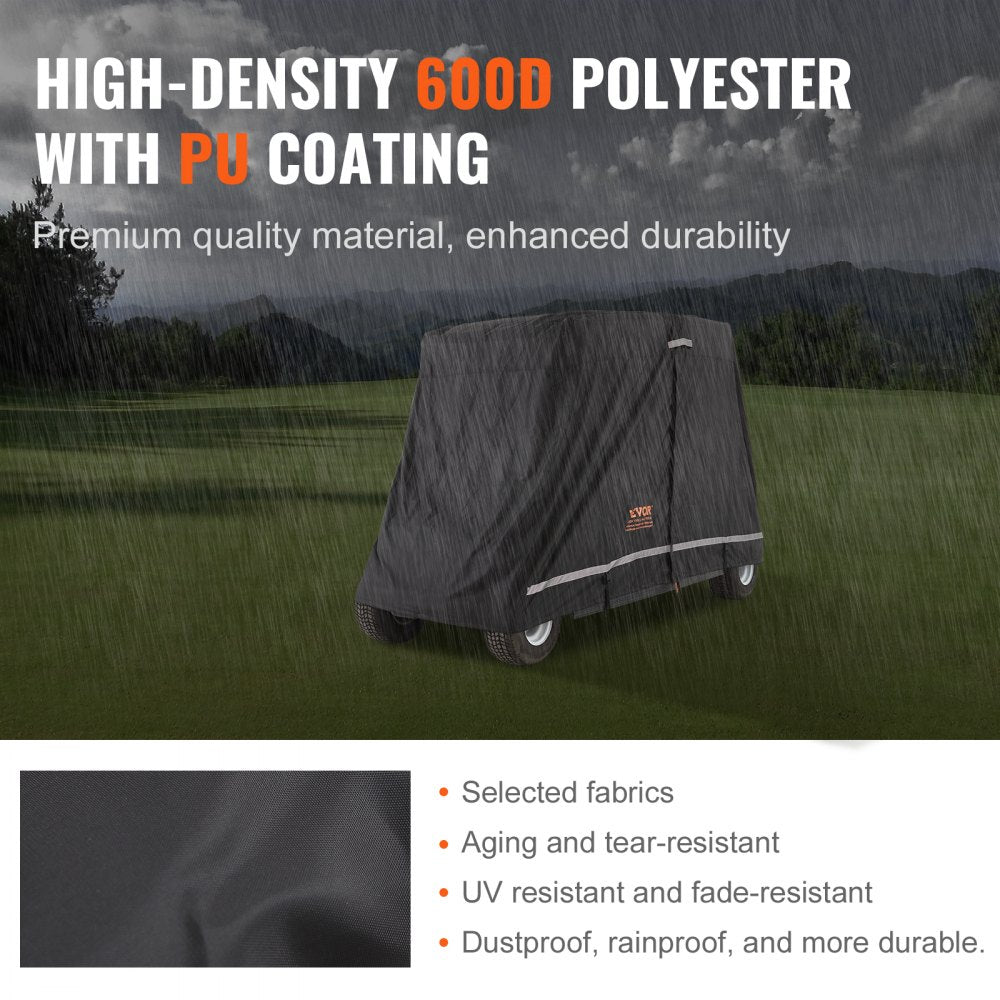 VEVOR 2+2 Passenger Golf Cart Cover, 600D Polyester Full Cover, Suitable for 2+2 Seats Golf Carts, Waterproof, Sunproof, and Dustproof Outdoor Golf Cart Cover with Three Zipper Doors, Black