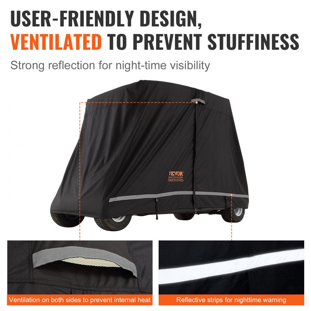 VEVOR 2+2 Passenger Golf Cart Cover, 600D Polyester Full Cover, Suitable for 2+2 Seats Golf Carts, Waterproof, Sunproof, and Dustproof Outdoor Golf Cart Cover with Three Zipper Doors, Black