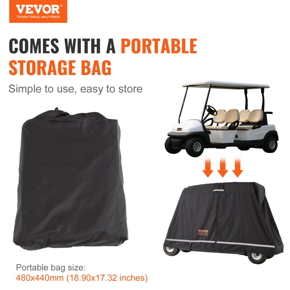 VEVOR 2+2 Passenger Golf Cart Cover, 600D Polyester Full Cover, Suitable for 2+2 Seats Golf Carts, Waterproof, Sunproof, and Dustproof Outdoor Golf Cart Cover with Three Zipper Doors, Black