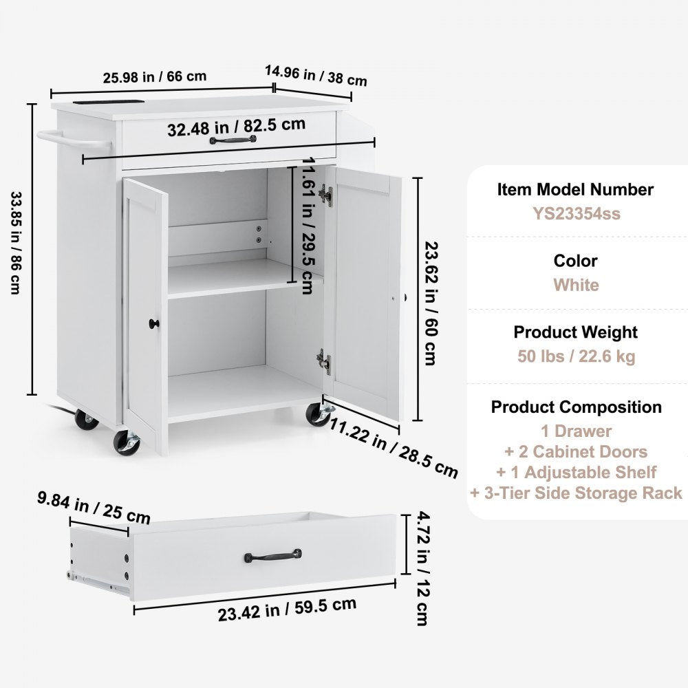 VEVOR Kitchen Island Cart, 32" Mobile Carts with Storage Cabinet, Rolling Table with Power Outlet, Spice Rack, Towel Bar, Adjustable Shelf, Drawer, Dining Living Room Portable Islands on Wheels, White