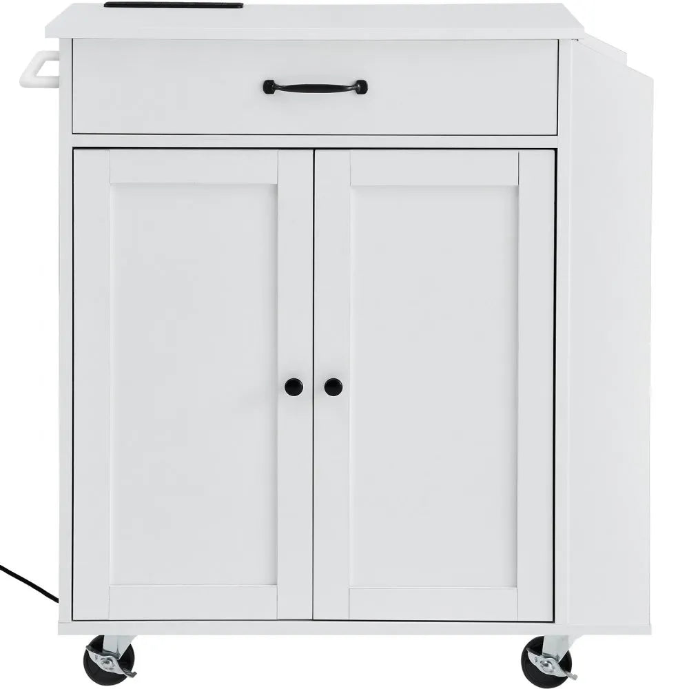VEVOR Kitchen Island Cart, 32" Mobile Carts with Storage Cabinet, Rolling Table with Power Outlet, Spice Rack, Towel Bar, Adjustable Shelf, Drawer, Dining Living Room Portable Islands on Wheels, White
