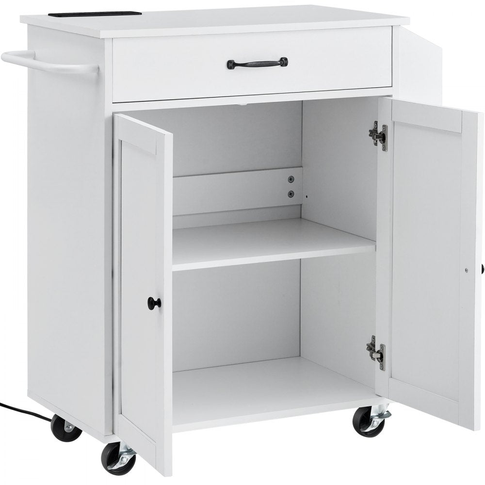 VEVOR Kitchen Island Cart, 32" Mobile Carts with Storage Cabinet, Rolling Table with Power Outlet, Spice Rack, Towel Bar, Adjustable Shelf, Drawer, Dining Living Room Portable Islands on Wheels, White