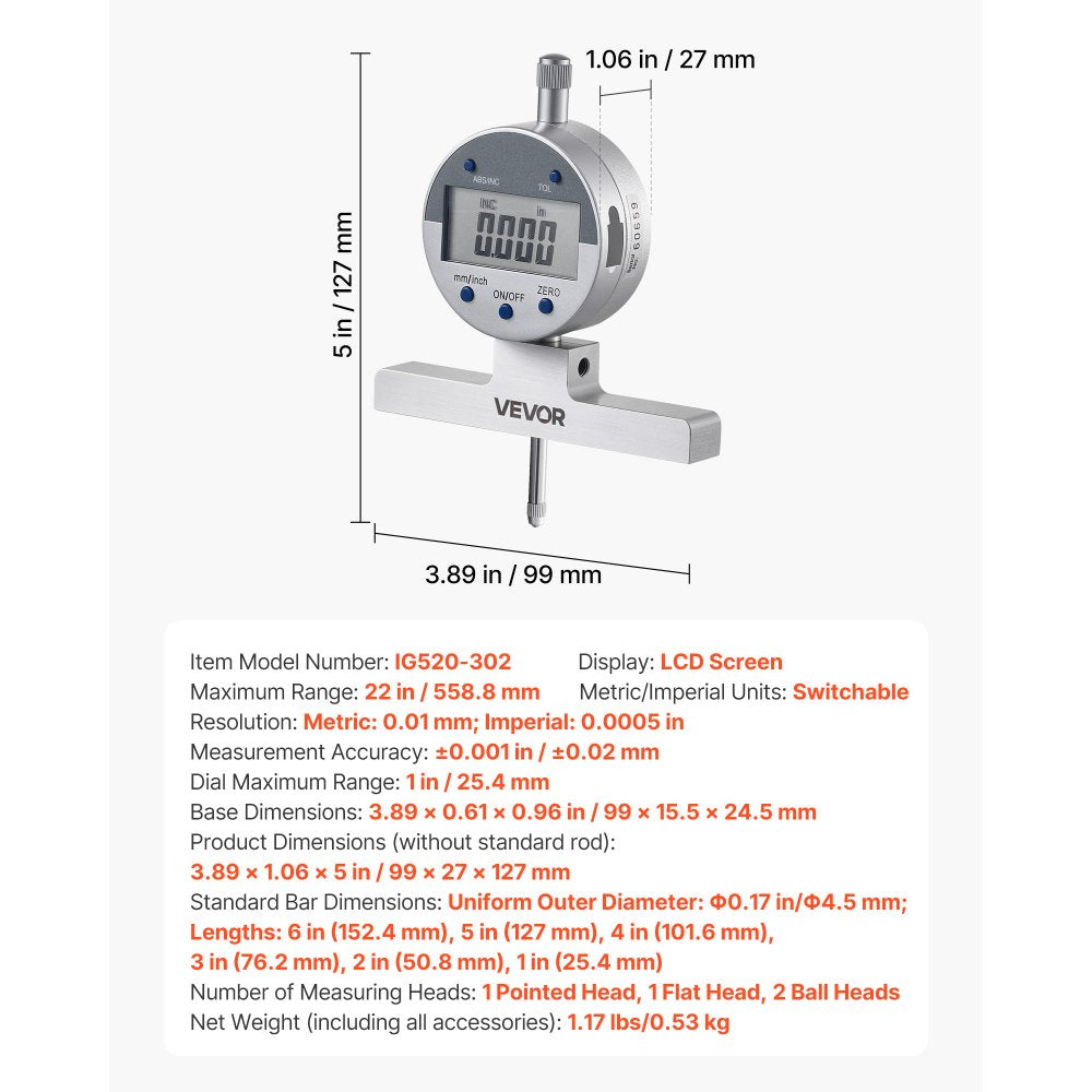 VEVOR Depth Gauge, Depth Micrometer Digital Electronic Indicator 0-22 inch Measuring Range, 0.0005" Resolution, Precision Unit Conversion with 4 Anvils, Measuring Tool for Groove, Step, Hole
