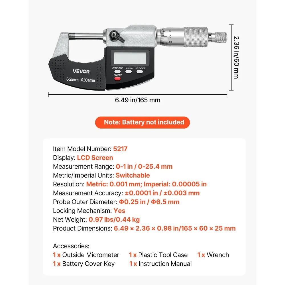 VEVOR Micrometer Set, Digital Outside Micrometer 0-1 inch Measuring Range, 0.00005" Resolution, Ultra-Precision 0.0001 Accuracy, LCD Screen, in/mm Switch, Carbide Tip, with Protective Case