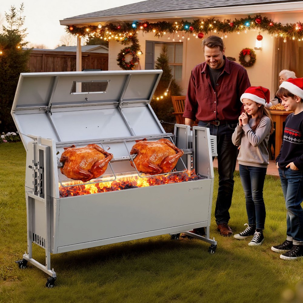 VEVOR Rotisserie Grill 38W BBQ Outdoor Pig & Lamb Spit Roaster, Charcoal Spit Roaster with 132 LBS Capacity, Wheels & 4-Level Height, Stainless Steel Rotisserie Grill Kit for Camping Outdoor Parties