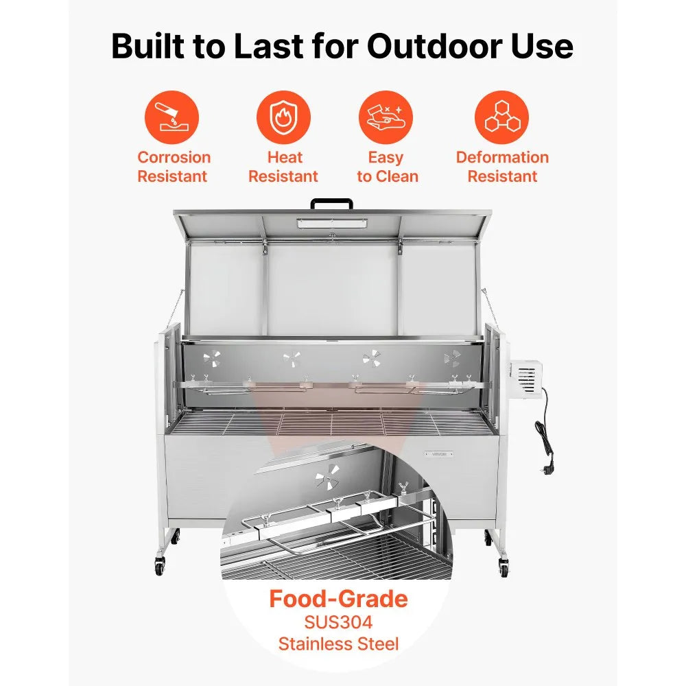 VEVOR Rotisserie Grill 38W BBQ Outdoor Pig & Lamb Spit Roaster, Charcoal Spit Roaster with 132 LBS Capacity, Wheels & 4-Level Height, Stainless Steel Electric Rotisserie Grill Kit for Camping Outdoor