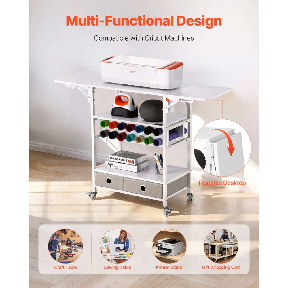 VEVOR Rolling Craft Cart and Storage Table, Compatible with Cricut Machines, Collapsible Cricut Table with Foldable Sides, Craft Rolling Storage Organizer with 14 Vinyl Roll Holders and 2 Drawers