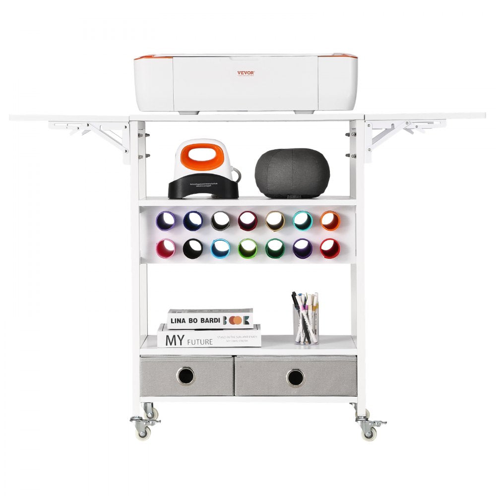 VEVOR Rolling Craft Cart and Storage Table, Compatible with Cricut Machines, Collapsible Cricut Table with Foldable Sides, Craft Rolling Storage Organizer with 14 Vinyl Roll Holders and 2 Drawers