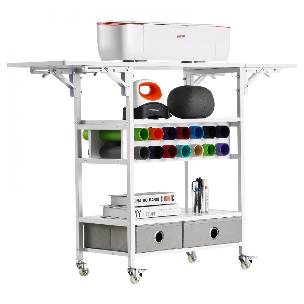 VEVOR Rolling Craft Cart and Storage Table, Compatible with Cricut Machines, Collapsible Cricut Table with Foldable Sides, Craft Rolling Storage Organizer with 14 Vinyl Roll Holders and 2 Drawers