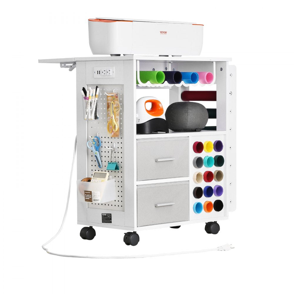 VEVOR Rolling Craft Cart and Storage Table, Compatible with Cricut Machines, Crafting Table Organization Workstation with 2 USB Ports and Outlets, 15 Vinyl Roll Holders and 2 Drawers, for Craft Room