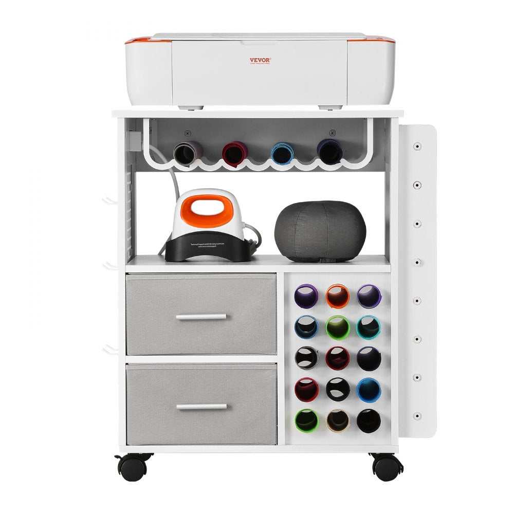 VEVOR Rolling Craft Cart and Storage Table, Compatible with Cricut Machines, Crafting Table Organization Workstation with 2 USB Ports and Outlets, 15 Vinyl Roll Holders and 2 Drawers, for Craft Room