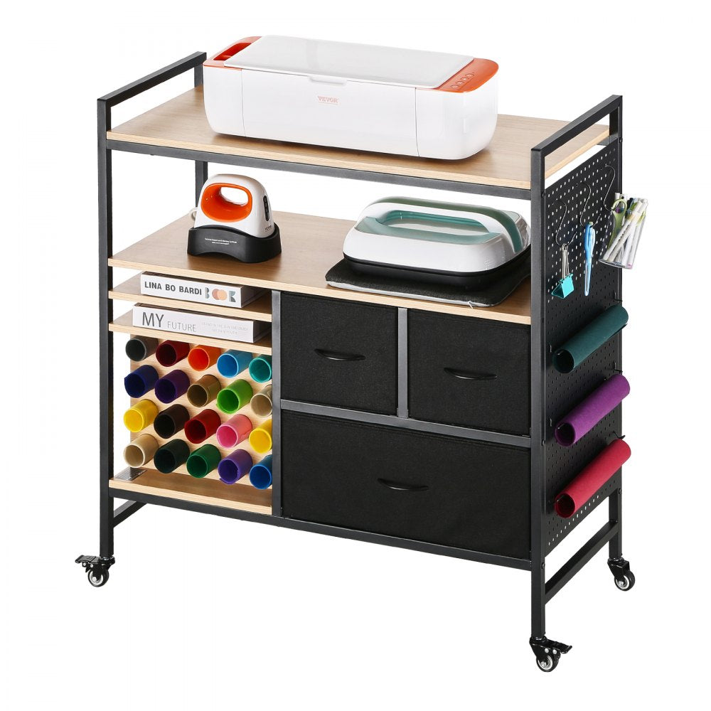 VEVOR Rolling Craft Cart and Storage Table, Compatible with Cricut Machines, Crafting Table Organization Workstation, Craft Rolling Storage Organizer with 20 Vinyl Roll Holders and 3 Drawers, Black