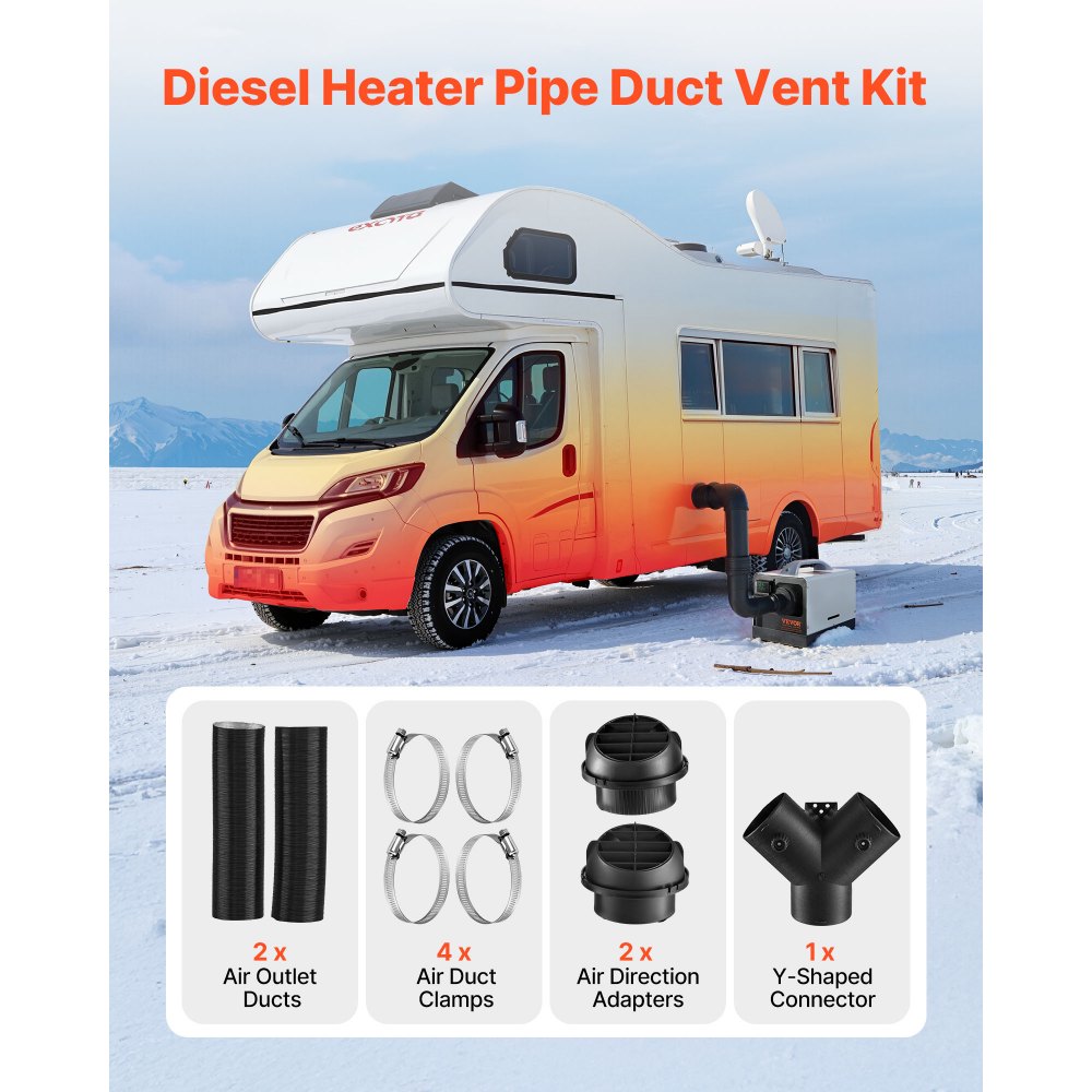 VEVOR Diesel Heater Pipe Duct Vent Kit, 3-inch Heater Pipe Warm Air Outlet Vent Set with Y-Shaped Connector & Air Duct Clamps, Parking Heaters Air Ducts Vent Kit for 5KW 8KW Diesel Heaters, Black