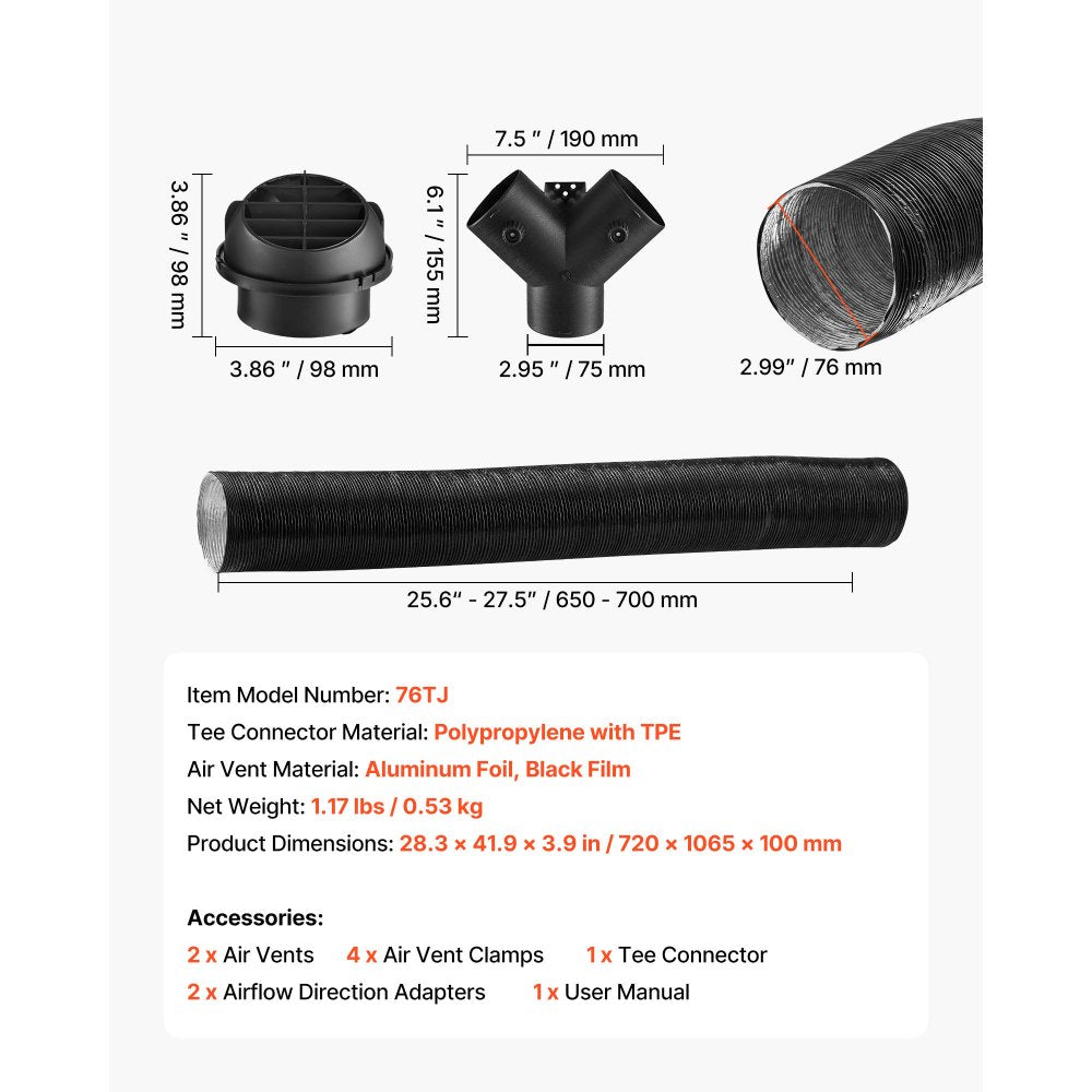 VEVOR Diesel Heater Pipe Duct Vent Kit, 3-inch Heater Pipe Warm Air Outlet Vent Set with Y-Shaped Connector & Air Duct Clamps, Parking Heaters Air Ducts Vent Kit for 5KW 8KW Diesel Heaters, Black