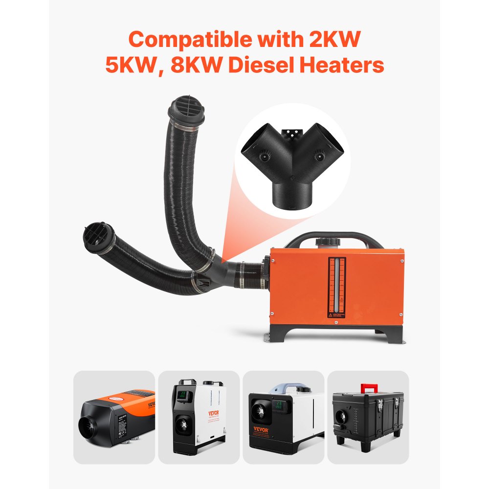 VEVOR Diesel Heater Connector, 3 inch Diesel Heater Duct Connector Accessories, 3-Way Y Branch Diesels Heaters Air Vent Duct with 2 90° Rotatable Valves, Black Joint Connectors for 2KW 5KW 8KW Heaters