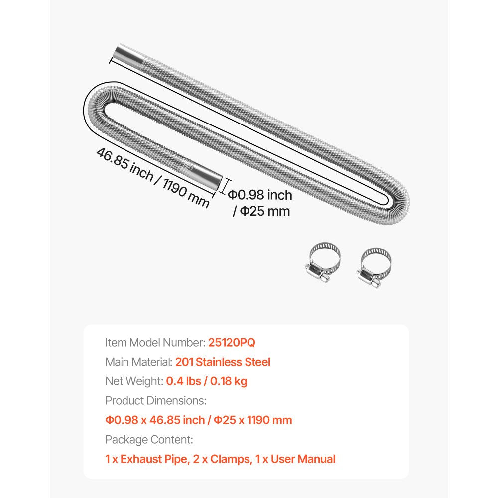 VEVOR Exhaust Hose, 47.2 inch Diesel Heater Flexible Exhaust Pipe, Stainless Steel Exhausts Hose with 2 Hose Clamps, Exhausts Hoses Kit Diesel Heater Accessories for 2KW 5KW 8KW Diesels Heaters