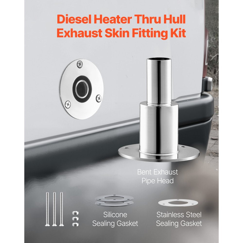 VEVOR Thru Hull Exhaust Skin Fitting, 0.94 inch Diesel Heater Exhaust Skin Fitting, Straight Thru Hull Exhausts Skins Fits Kit with Screws, Nuts & Gasket for Diesel Heaters, 316 Stainless Steel