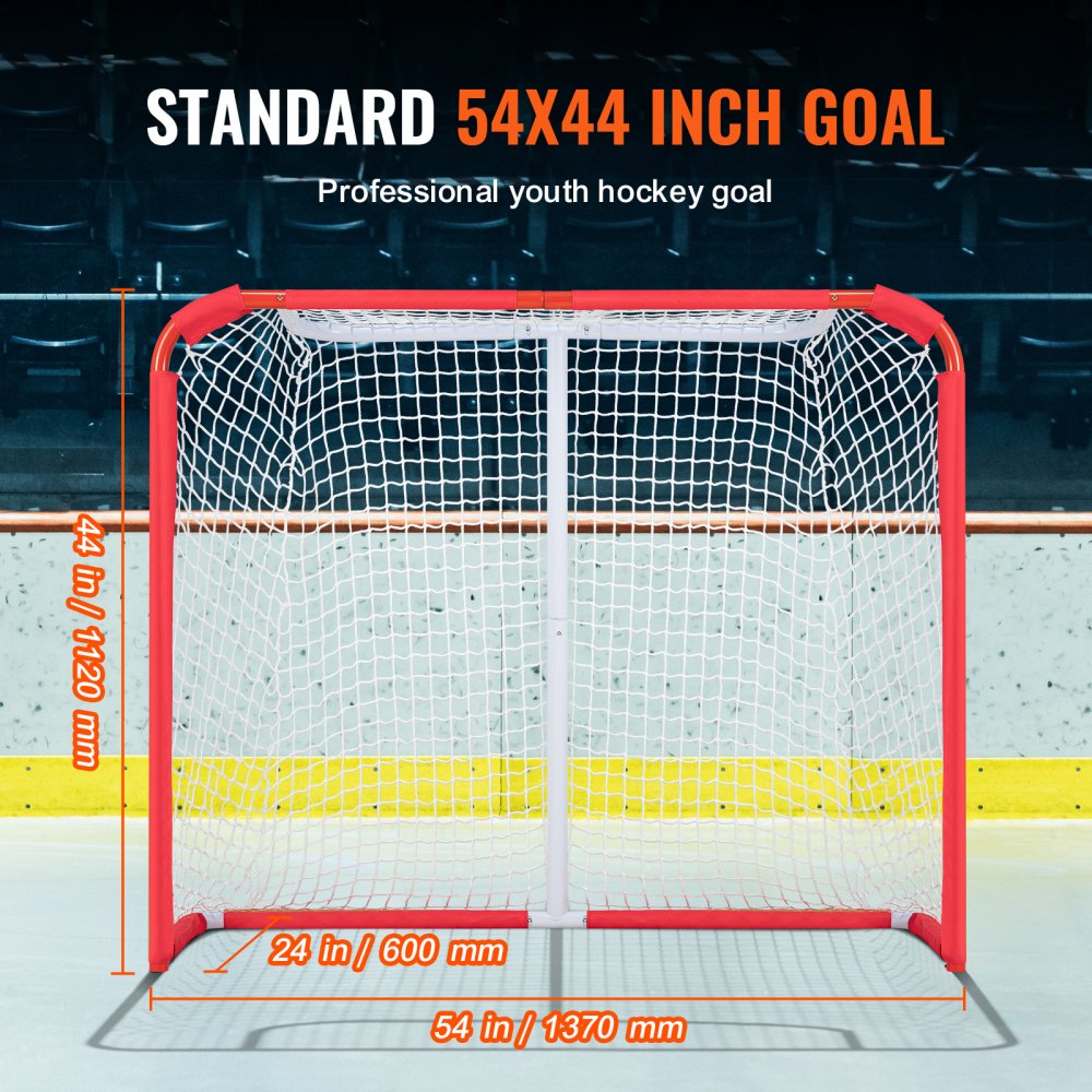 VEVOR Youth Street Hockey Net, Indoor Outdoor Steel Hockey Goal, Portable Lightweight Youth Street + Roller for Kids, Junior Hockey Training Goal Set with Net, Easy Assemble, 54" x 44", White/Red