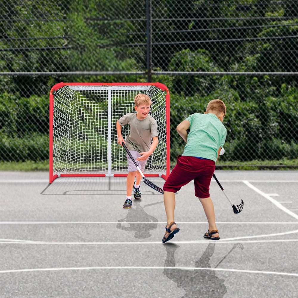 VEVOR Youth Street Hockey Net, Indoor Outdoor Steel Hockey Goal, Portable Lightweight Youth Street + Roller for Kids, Junior Hockey Training Goal Set with Net, Easy Assemble, 54" x 44", White/Red
