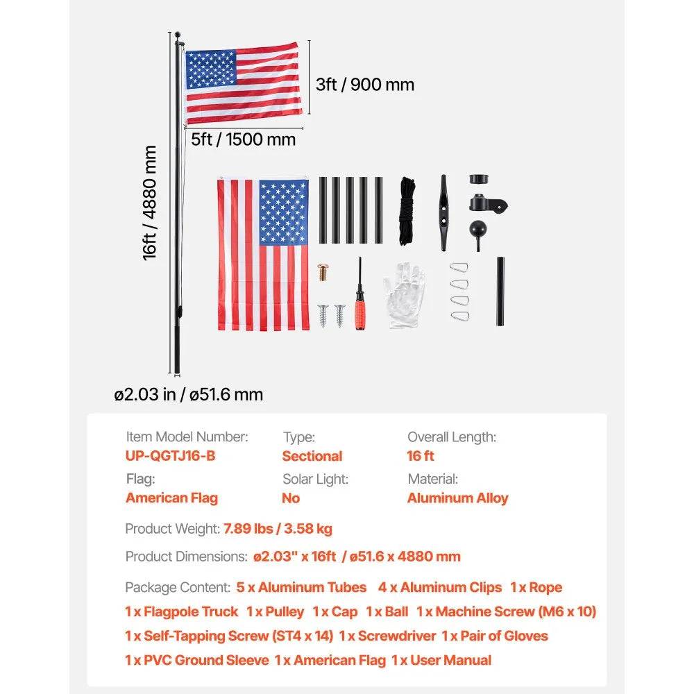 VEVOR Flag Pole, 16ft Heavy Duty Sectional Flagpole Kit for Outside House In Ground, Extra Thick Outdoor Aluminum Flagpole Kit with 3x5 American Flag for Yard, Residential or Commercial Use, Black