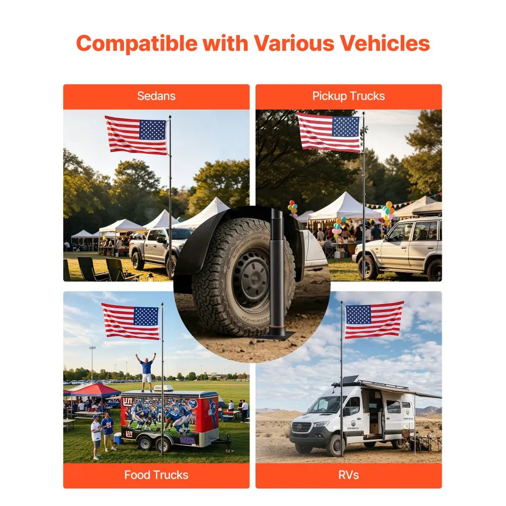 VEVOR Flag Pole, 20ft Heavy Duty Telescopic Flagpole Kit with Mounting Base for Vehicles, Extra Thick Outdoor Aluminum Flagpole Kit with 3x5 American Flag for Sedans, Pickups, RVs, Food Trucks, Black