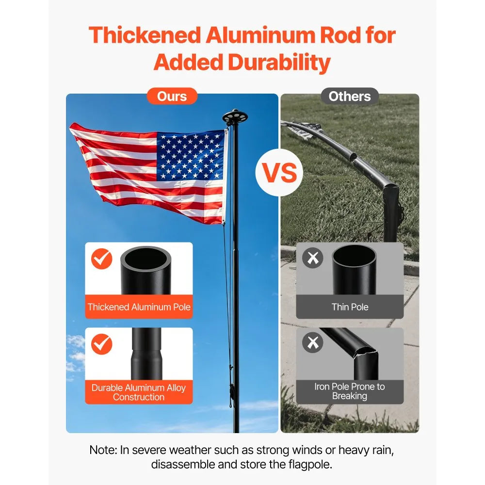 VEVOR Flag Pole, 25ft Heavy Duty Sectional Flagpole Kit with 136 LED Solar Light for Outside House In Ground, Outdoor Aluminum Flagpole with 3x5 American Flag for Yard, Residential, Commercial, Black