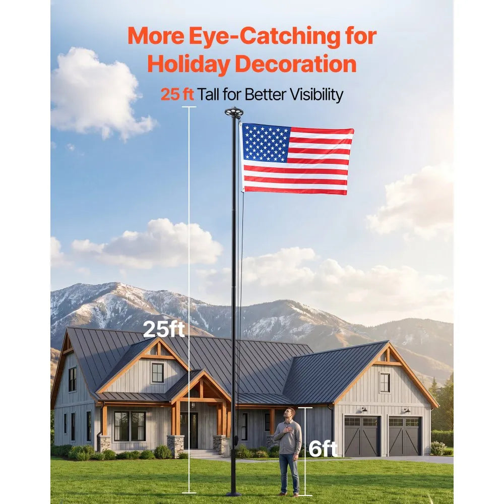 VEVOR Flag Pole, 25ft Heavy Duty Sectional Flagpole Kit with 136 LED Solar Light for Outside House In Ground, Outdoor Aluminum Flagpole with 3x5 American Flag for Yard, Residential, Commercial, Black