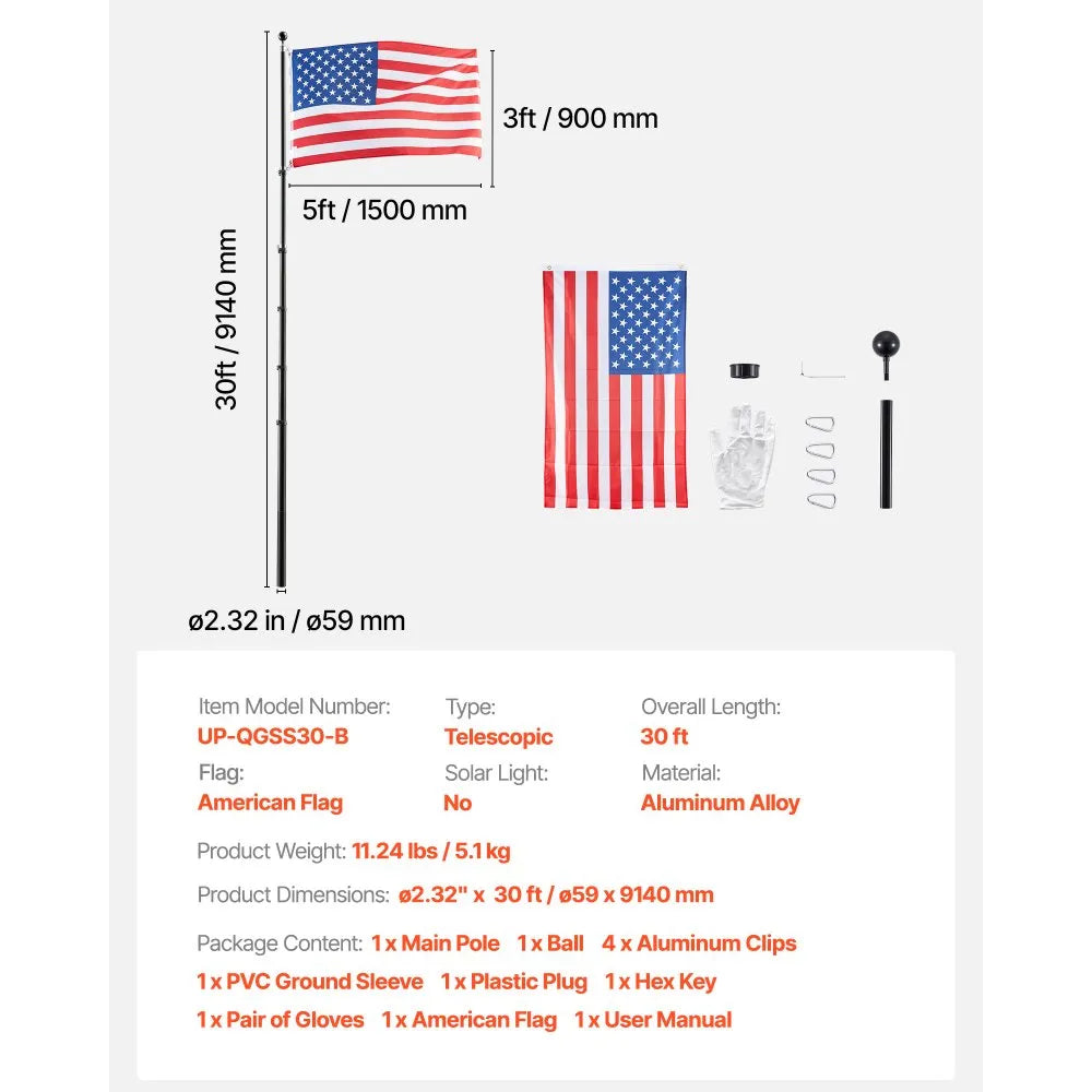 VEVOR Flag Pole, 30ft Heavy Duty Telescopic Flagpole Kit for Outside House In Ground, Extra Thick Outdoor Aluminum Flagpole Kit with 3x5 American Flag for Yard, Residential or Commercial Use, Black