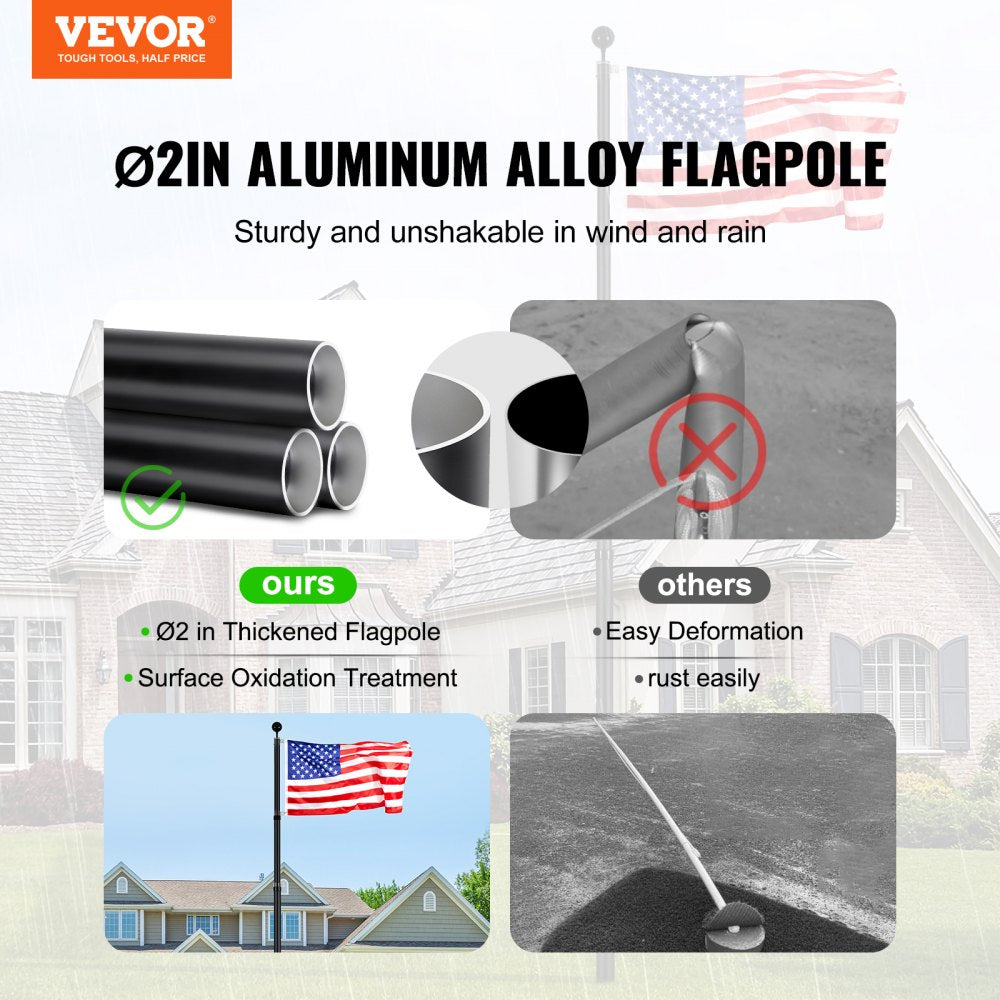 VEVOR 20FT Telescoping Flag pole Kit, Heavy Duty Aluminum Alloy in Ground Flag Poles for Outside, 3 Display Modes Flagpole with 3x5 American Flag, Professional Accessories, Black